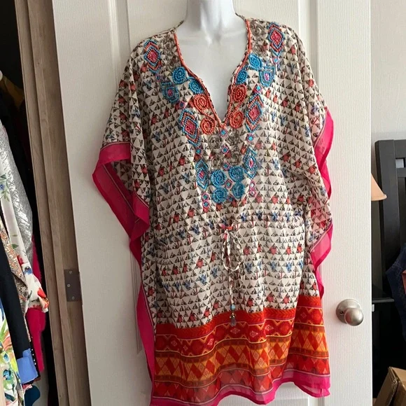 Embroidered Pink & Cream Beach Coverup Kaftan - Picture 1 of 6